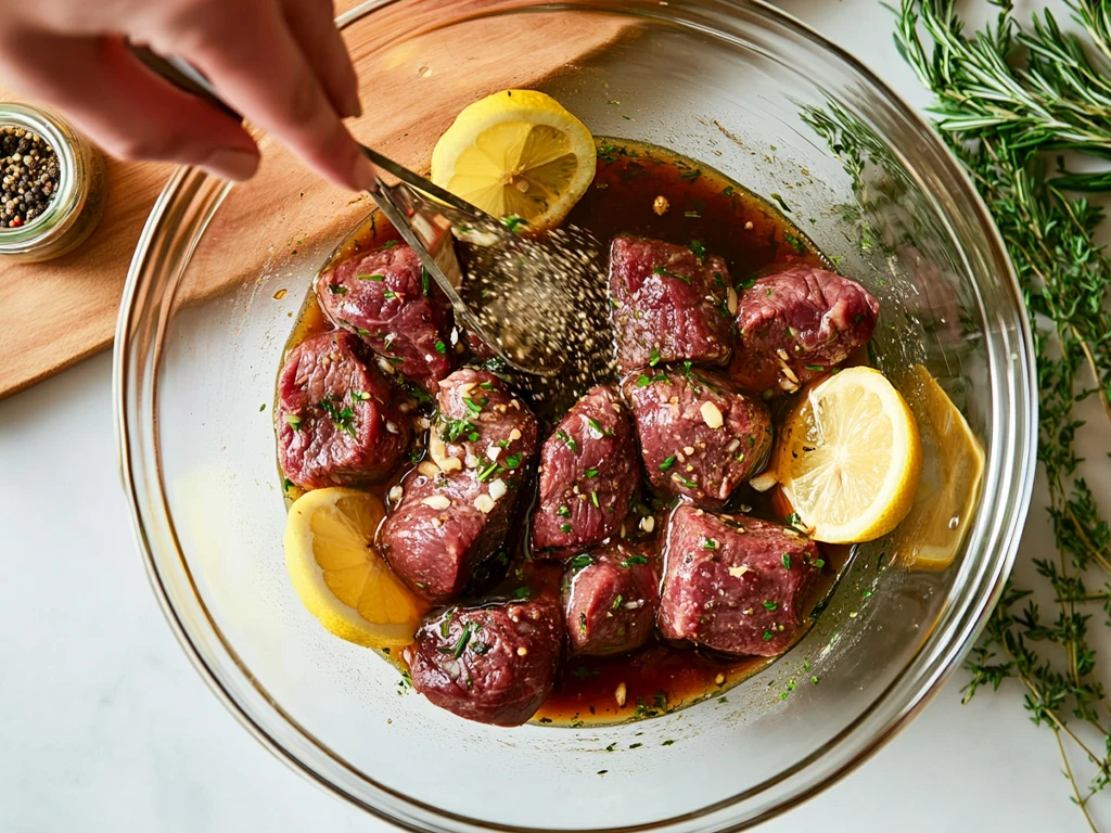 Beef Tenderloin Tips Sizzling in a Cast Iron Skillet