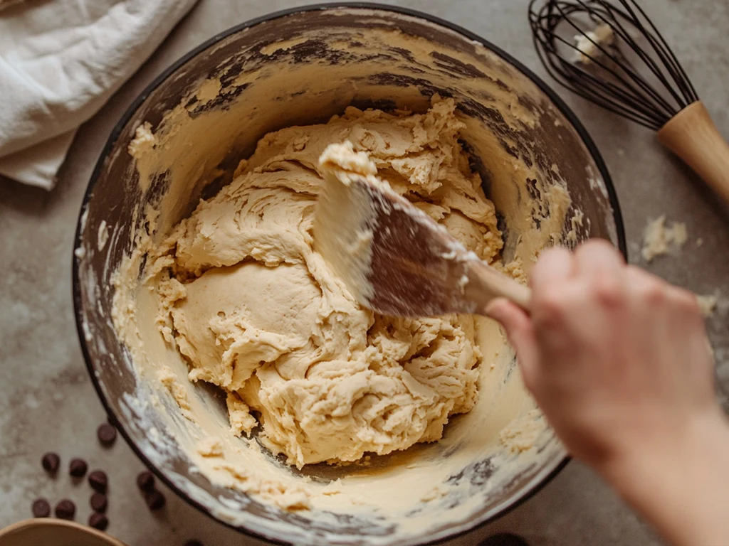 Close-up of improperly mixed chocolate chip cookie dough