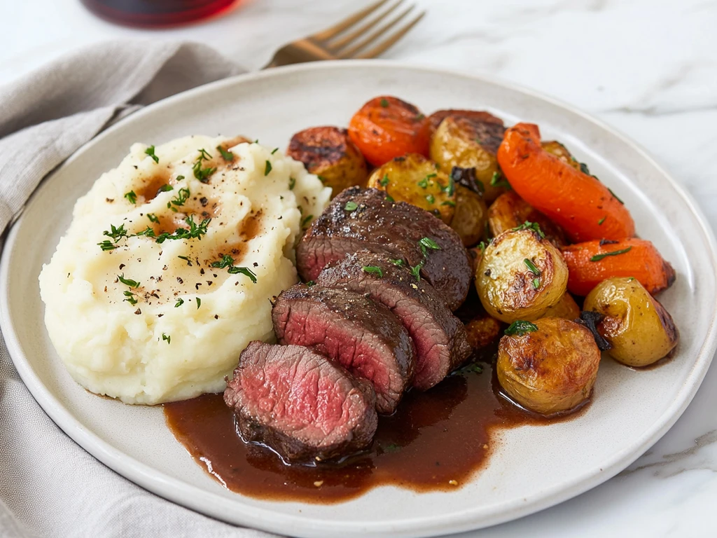 Beef Tenderloin Tips Plated with Mashed Potatoes and Roasted Vegetables