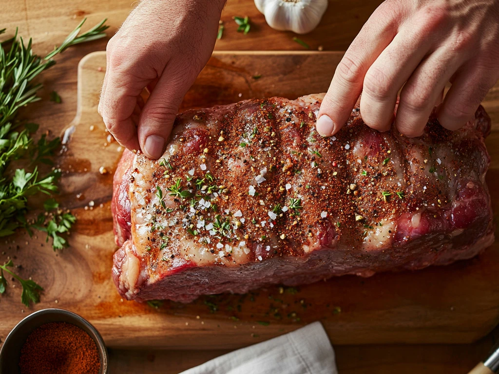 Chef Seasoning a Prime Rib Roast with Dry Rub