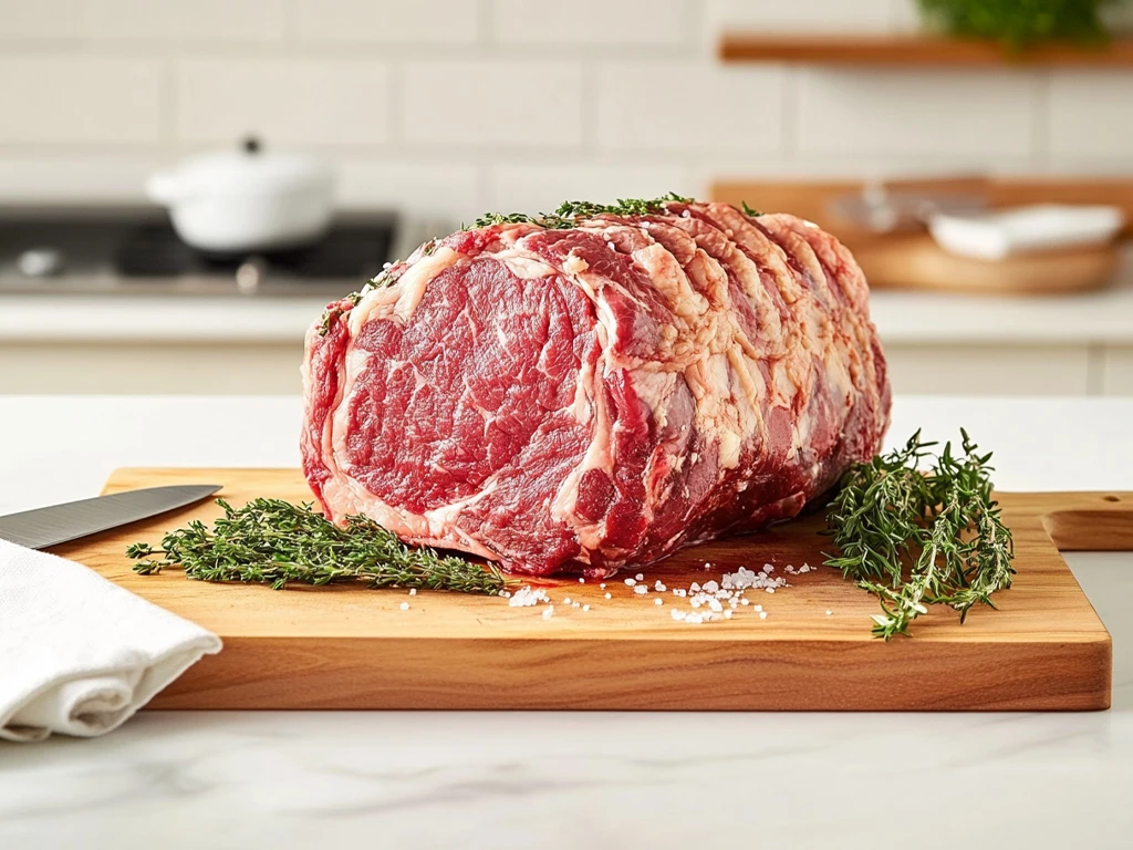 Raw Prime Rib on a Cutting Board with Fresh Herbs