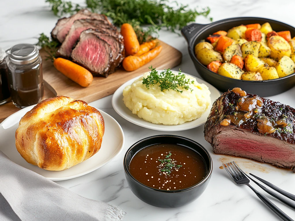 Au Jus and Gravy with Prime Rib and Side Dishes