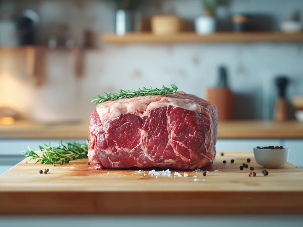 Raw Prime Rib with Marbling on Butcher Block