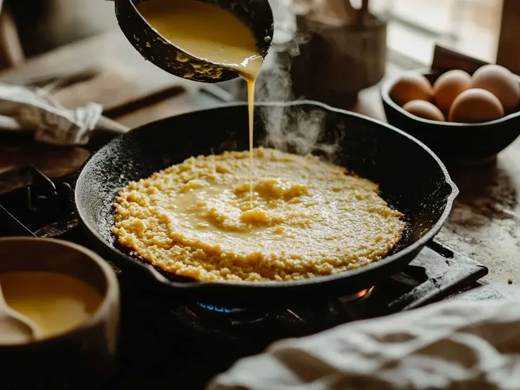 Pouring Cornbread Batter into a Hot Skillet