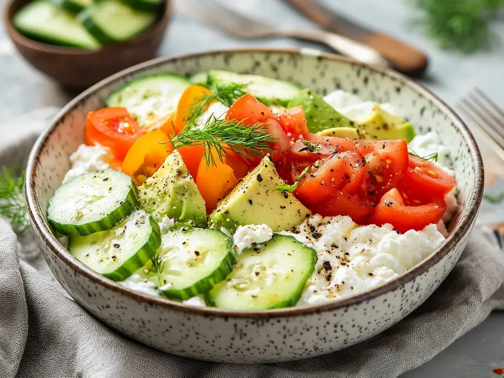 Cottage Cheese with Tomatoes, Cucumber, and Avocado