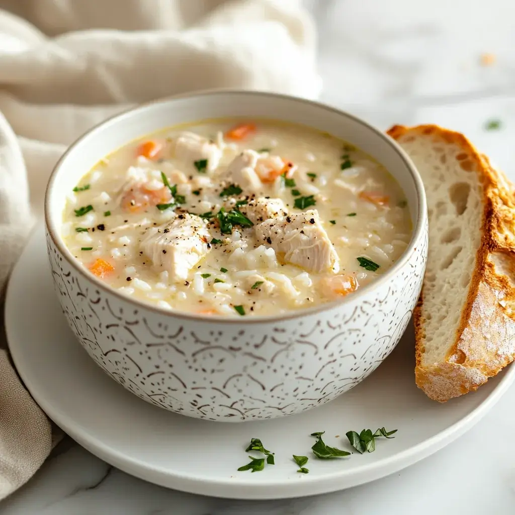 Served Creamy Chicken Rice Soup with Napkin