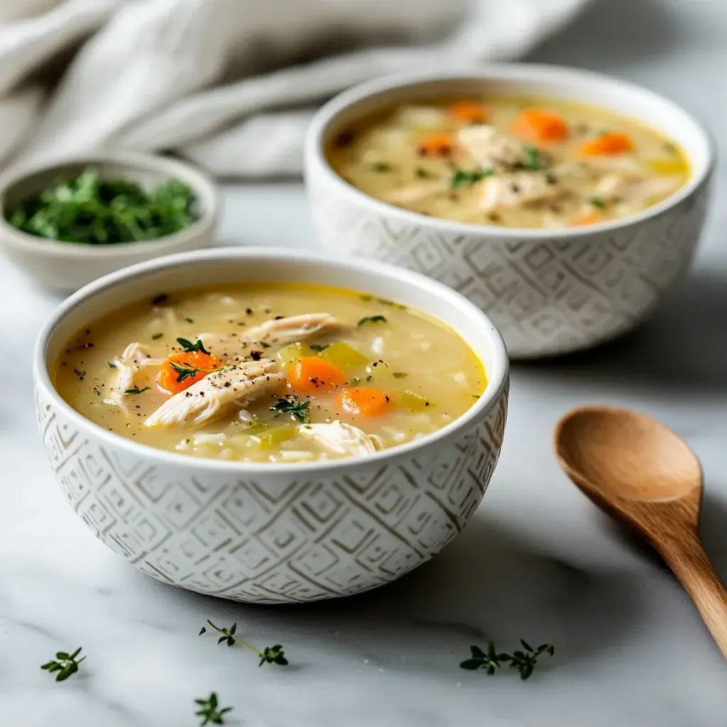 Serving Chicken Rice Soup with Fresh Herbs and Cozy Details