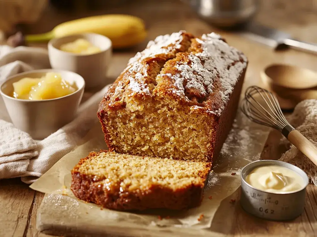 Moist banana bread sliced with substitute ingredients nearby