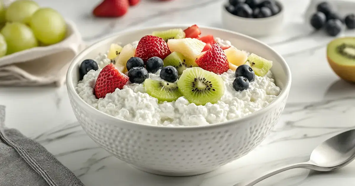 Bowl of Cottage Cheese with Fresh Fruits and Honey