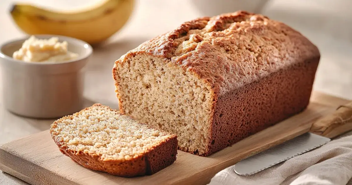 Freshly baked banana bread loaf sliced to show its moist texture